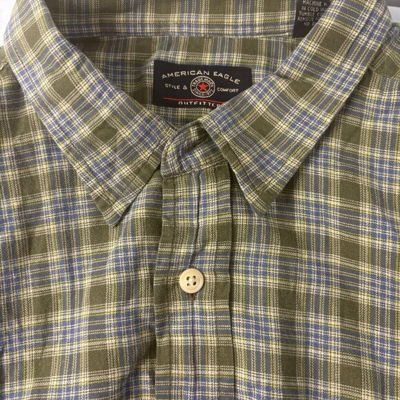 AMERICAN EAGLE Shirt Mens XL Green Plaid Point Collar Button Up Long Sleeve - Picture 2 of 4